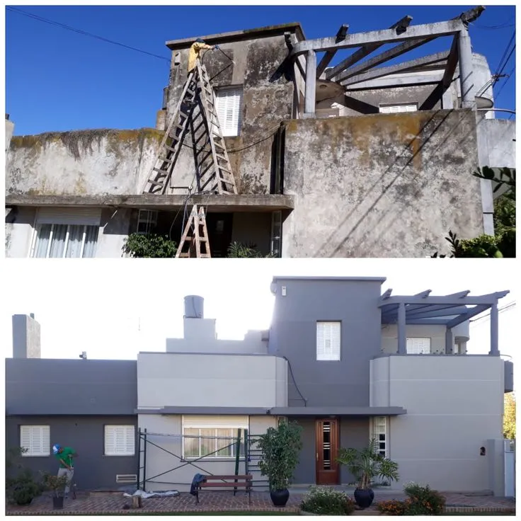 صورة تبين الفرق قبل وبعد ترميم واجهة منزل؛ الجزء العلوي يظهر الجدران المتشققة والمتسخة، والجزء السفلي بعد الانتهاء من الترميم والطلاء الجديد بشكل أنيق وحديث