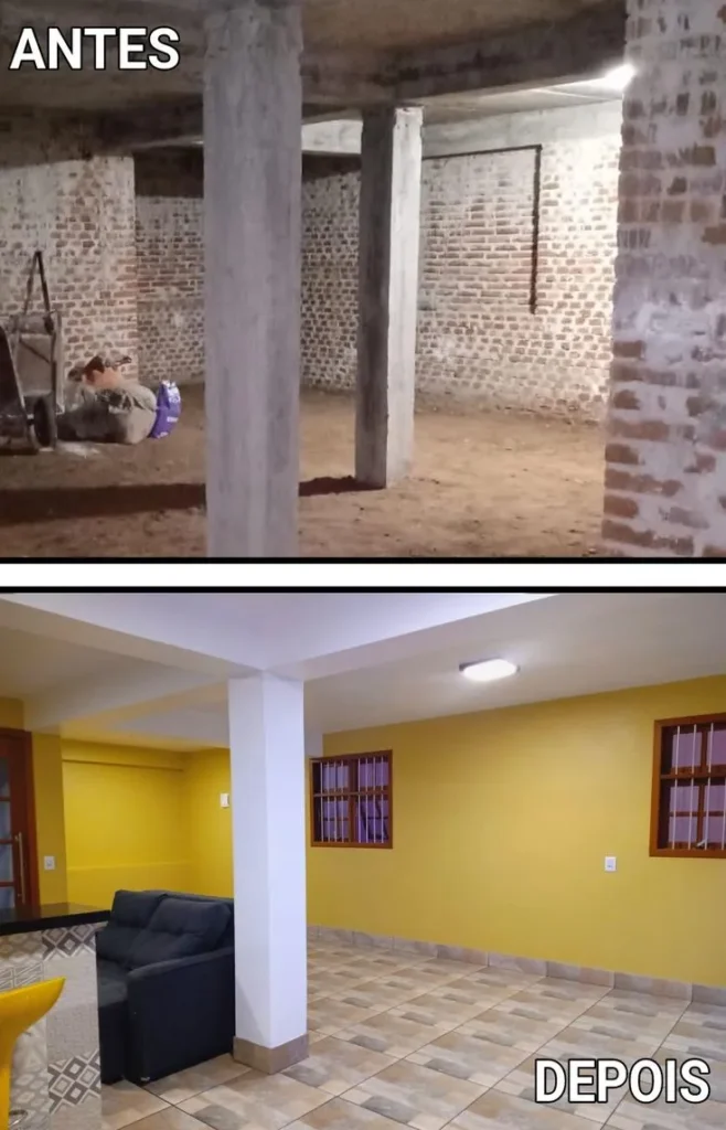 صورة توضح الفرق قبل وبعد ترميم قبو منزل؛ الجزء العلوي يظهر الجدران بالطوب الخام قبل التشطيب، والجزء السفلي بعد الترميم بطلاء جديد وأرضية سيراميك وأثاث حديث