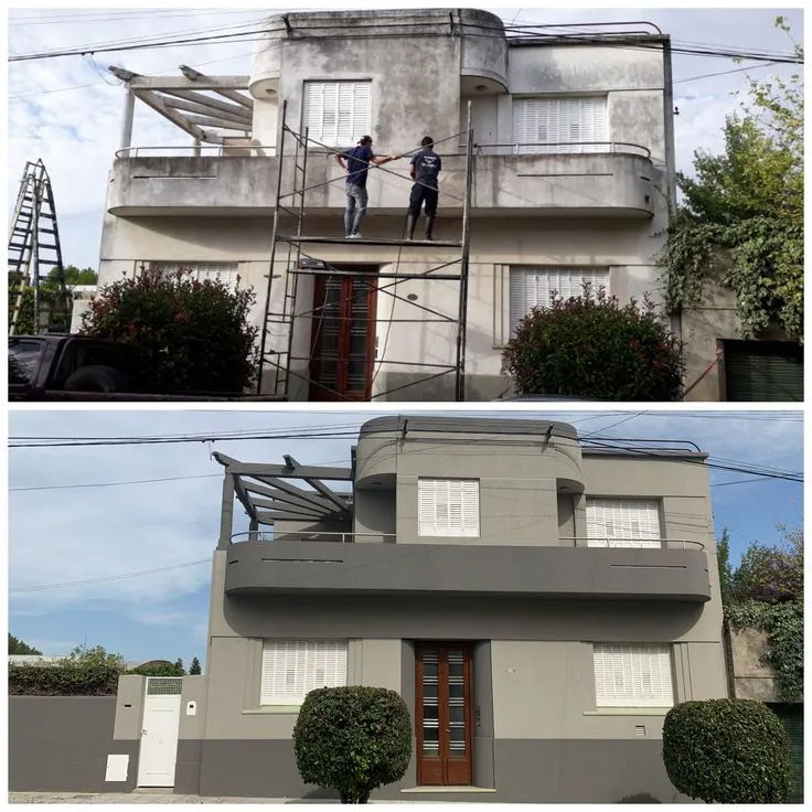 النص البديل المناسب لهذه الصورة هو: **صورة تظهر مراحل ترميم واجهة منزل، الجزء العلوي قبل الترميم بواجهة متسخة ومتشققة، والجزء السفلي بعد الترميم بطلاء حديث ولمسات نهائية أنيقة