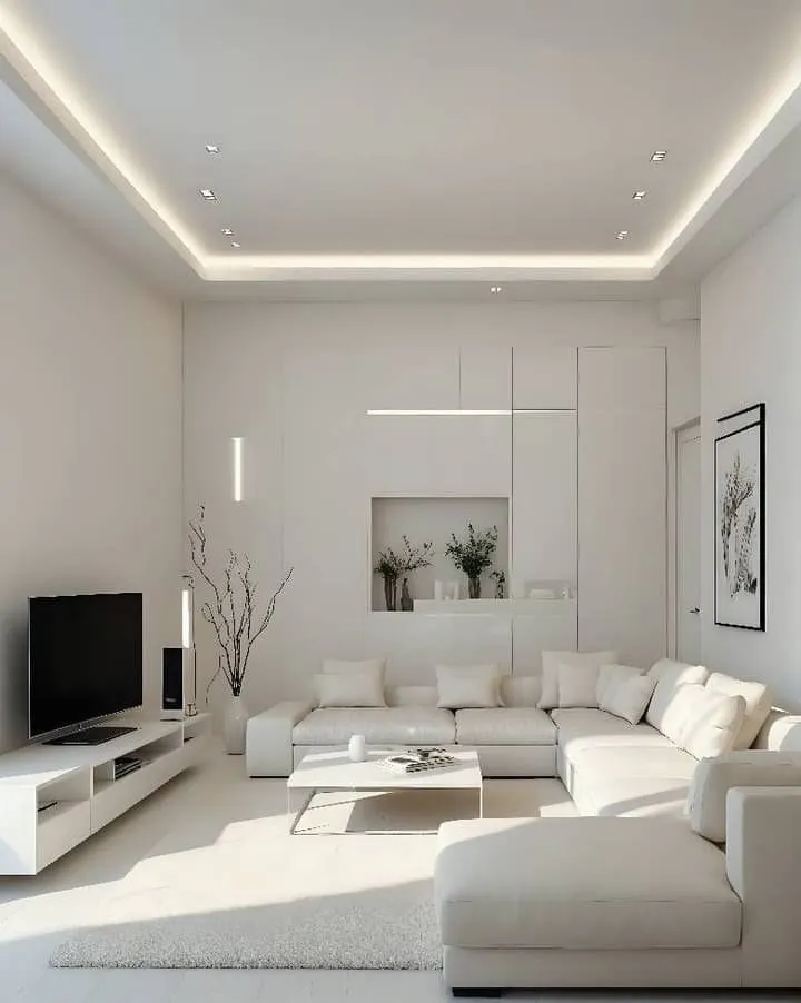 دهان جدران وأسقف باللون الأبيض مع تصميم إضاءة متكامل. (صورة لغرفة معيشة بيضاء حديثة)