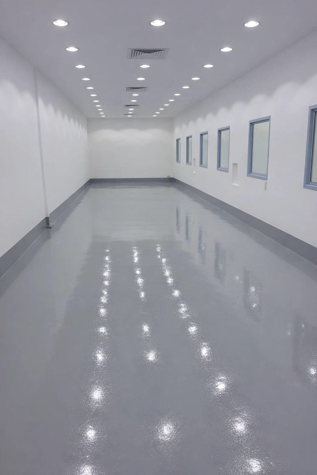 غرفة واسعة بأرضية إيبوكسي لامعة وجدران بيضاء مزودة بإضاءة سقفية حديثة