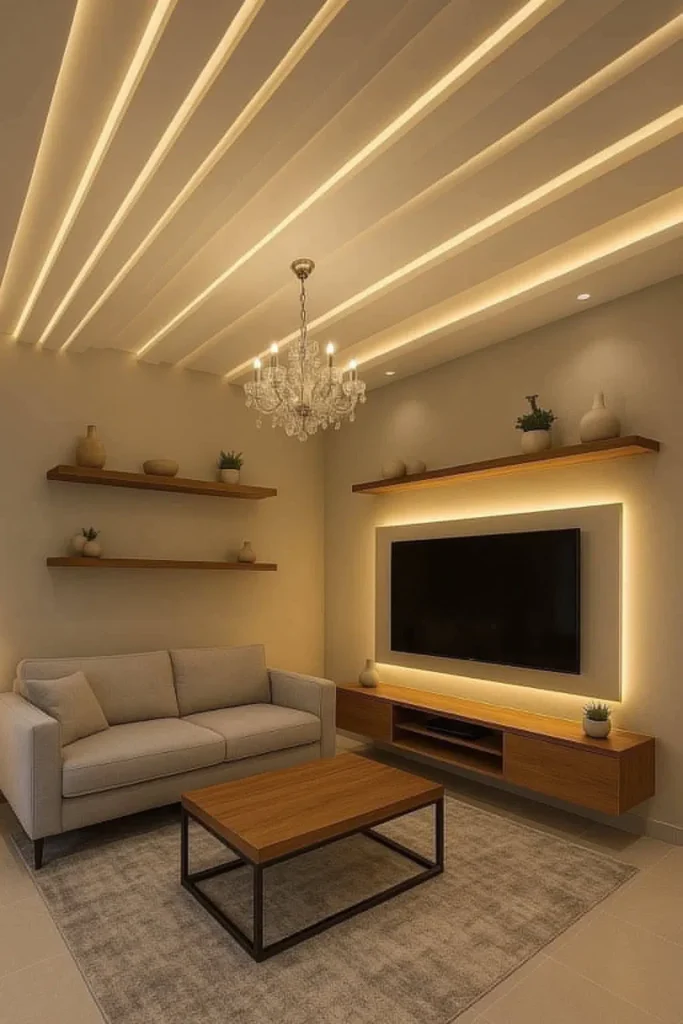 جبس بورد وثريا كريستال كلاسيكية. جدار تلفزيون بسيط بإطار إضاءة ورفوف خشبية. يعكس إبداع معلم جبس بورد بالمدينة المنورة