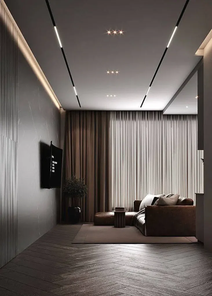 تصميم جبس بورد بالمدينة المنورة باللون الرمادي تتميز بتركيب إضاءة خطية مغناطيسية وإضاءة مخفية