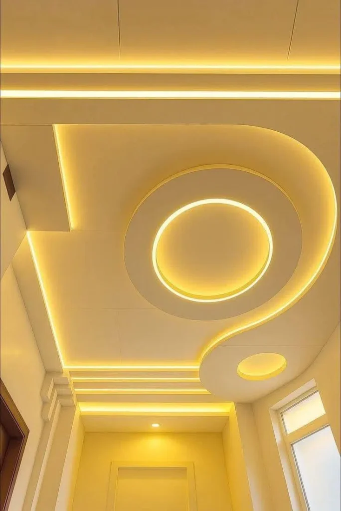 سقف جبس بورد المدينة لبمنورة بتصميم الخطوط الانسيابية والخطوط المستقيمة المتقابلة