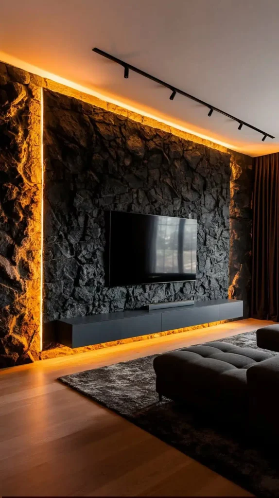 جبس بورد مغطى بحجر خام أسود مع إضاءة برتقالية مخفية وسقف جبس بورد بإضاءة تراك لايت