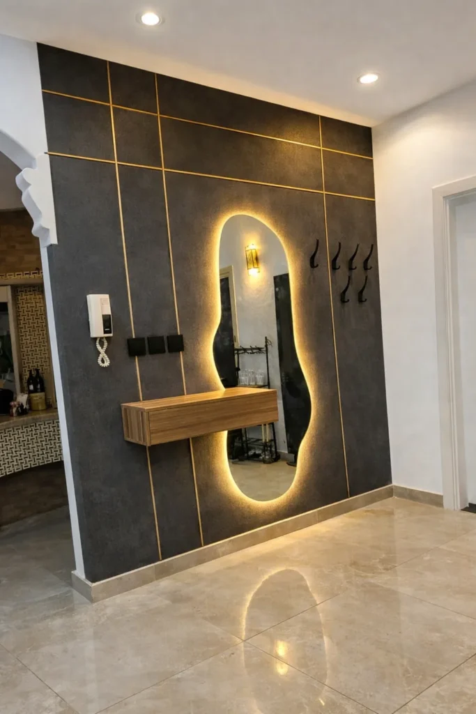 جدار بديل شيبورد بتصميم عصري في مدخل منزل مع مرآة بإضاءة مخفية ووحدة تخزين معلقة بلون خشبي