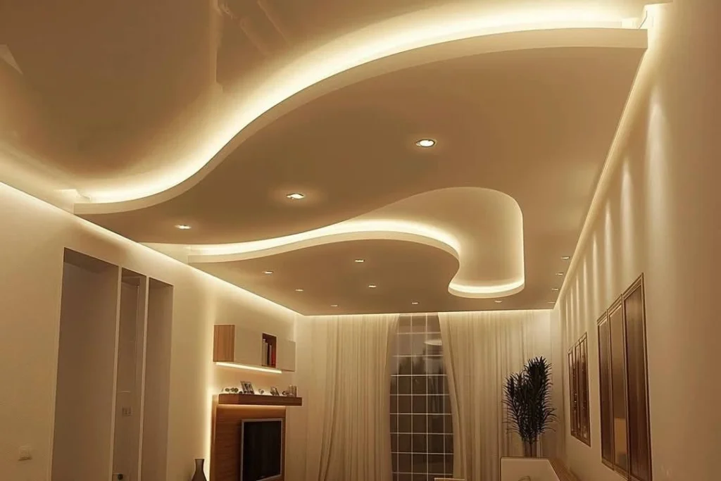 ديكور جبس بورد متموج باللون البيج معا اضائة مخفية من اعمال معلم جبس بورد بالمدينة المنورة