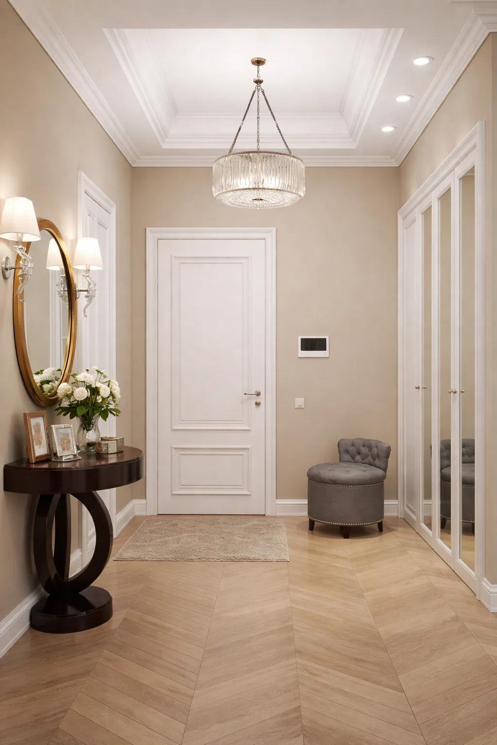 باب ابيض ومرئاة معلقة بالجدار وكرسي وطاولة