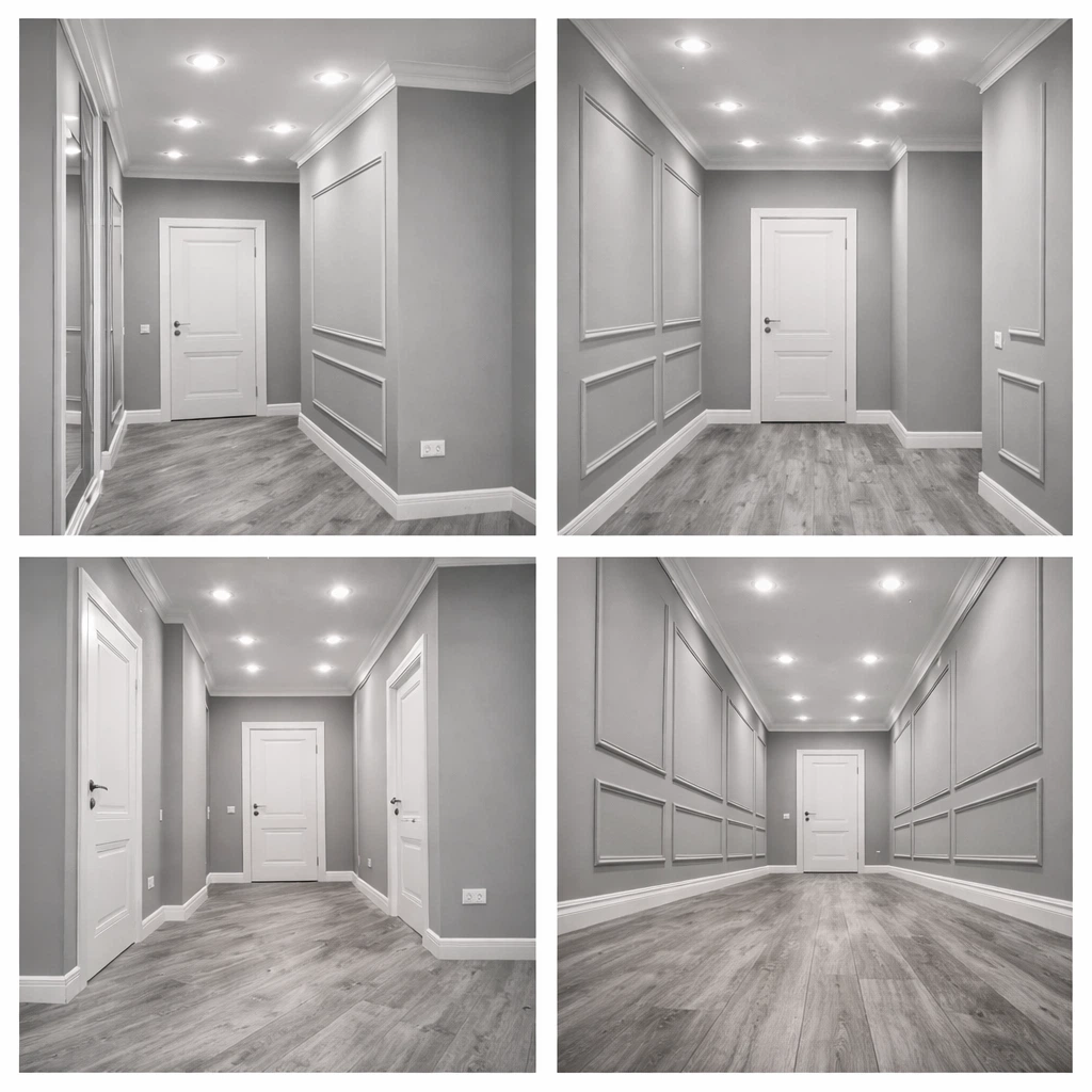 دهانات ممرات شقق فاخرة باللون الرمادي مع إطارات جدارية كلاسيك وإضاءة سبوت لايت وأرضيات خشبية