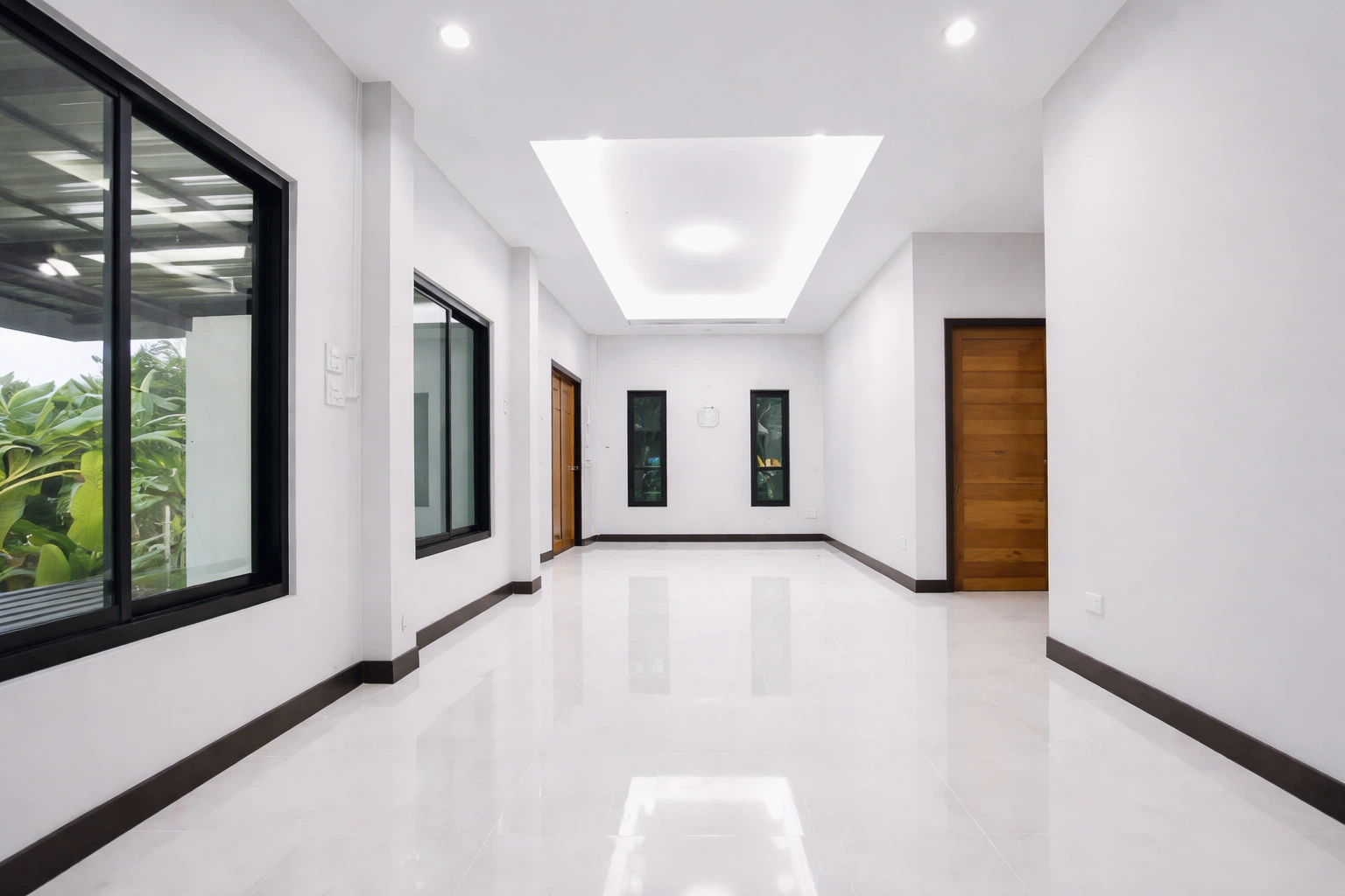 صالة واسعه ونوافذ واسعه وجدران مدهونة بدهانات بيضاء