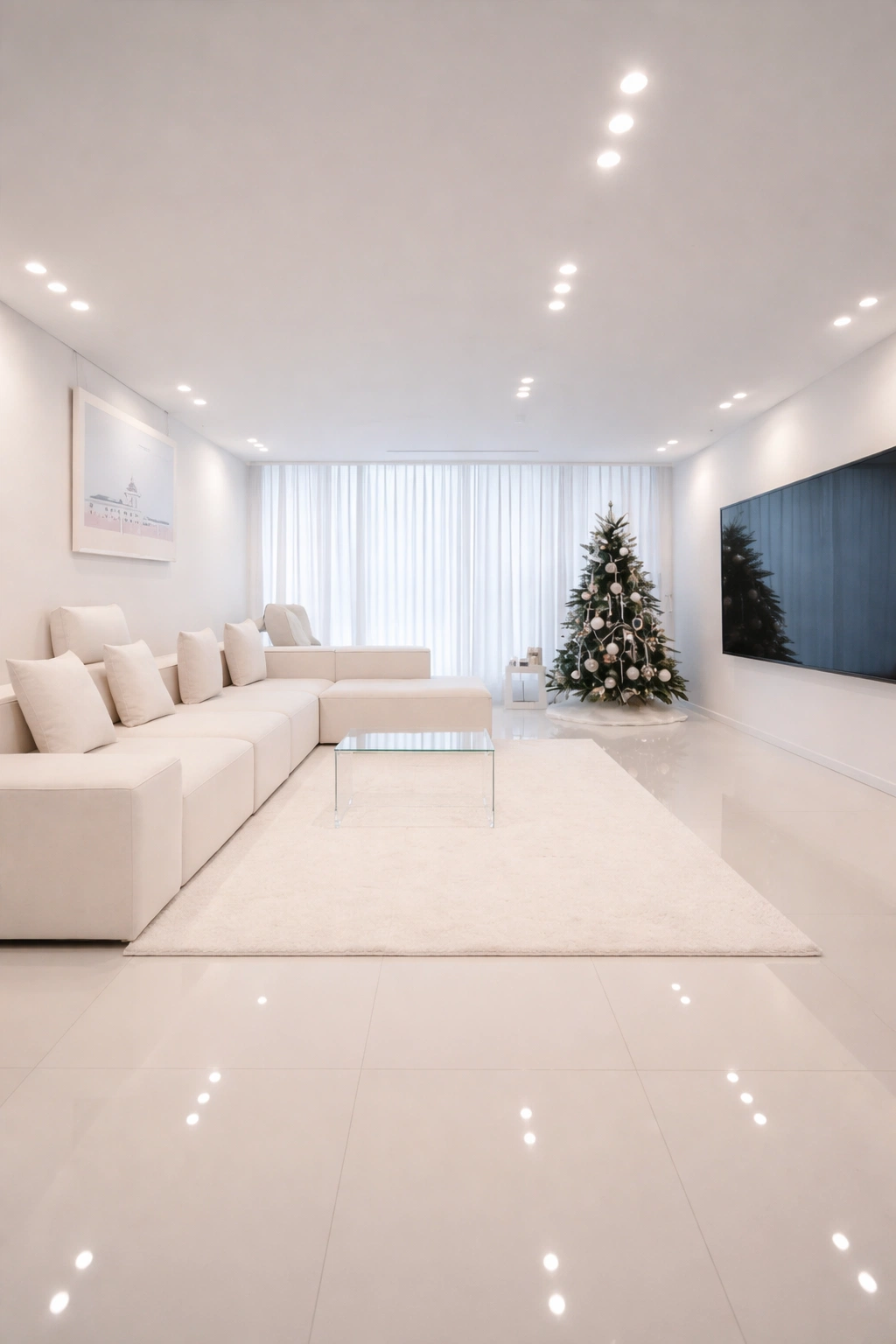 اثاث بيج وشجرة عيد ميلاد وشاشة سوداء داخل غرفة تم عمل دهانات لها