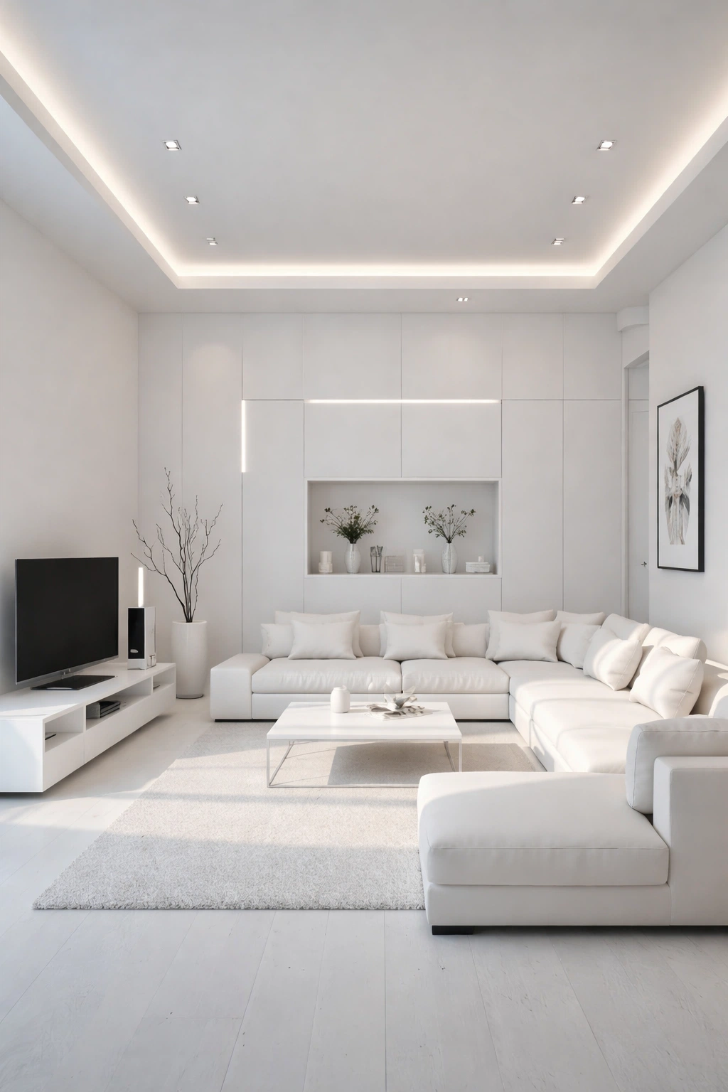 دهانات غرفة جلوس مودرن باللون الأبيض مع سقف جبس بورد بإضاءة مخفية وأثاث عصري أنيق وطاولة