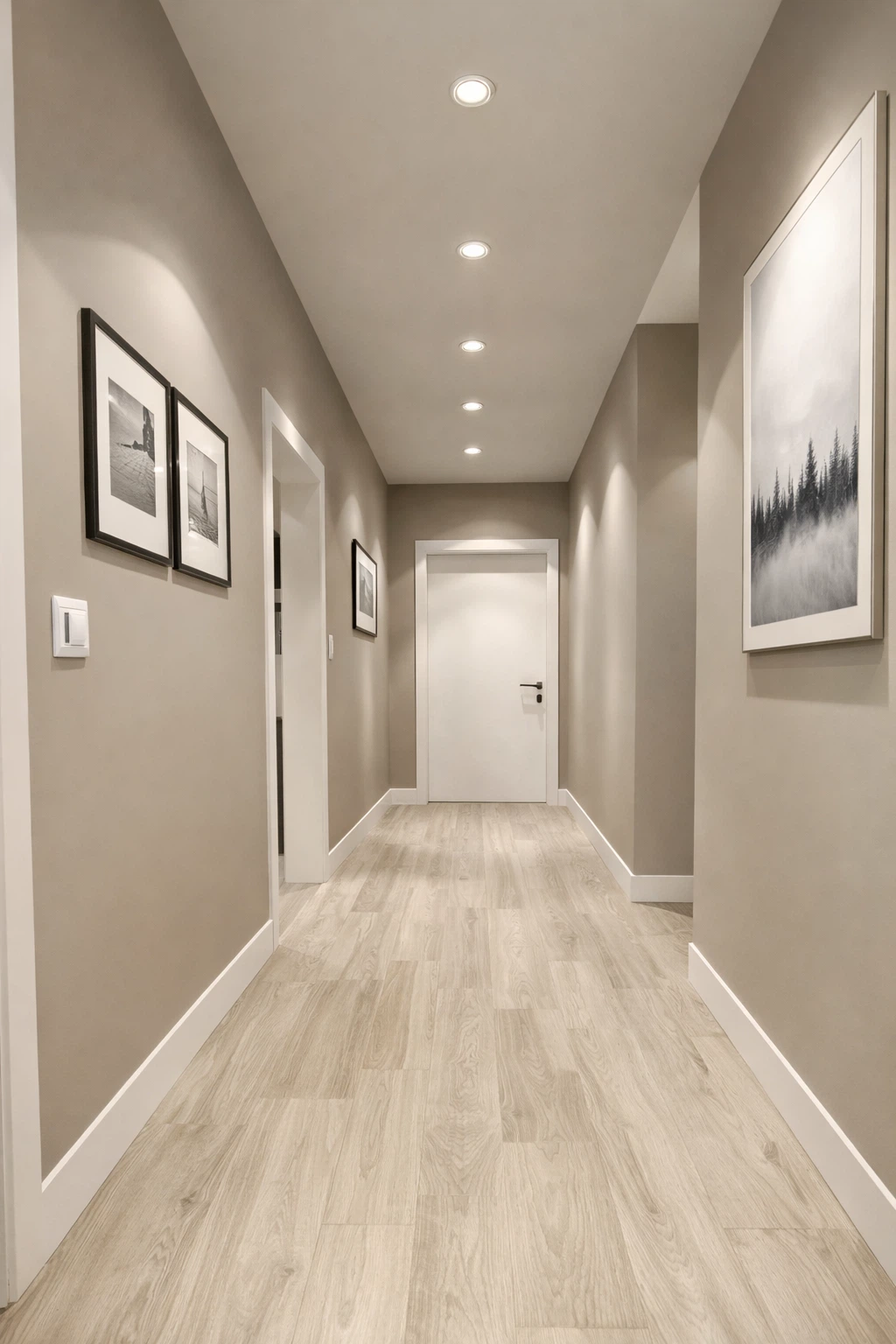 دهانات ممرات داخلية بلون بيج هادئ مع إضاءة سقفية سبوت لايت وأرضية باركيه بتصميم عصري وأبواب بيضاء