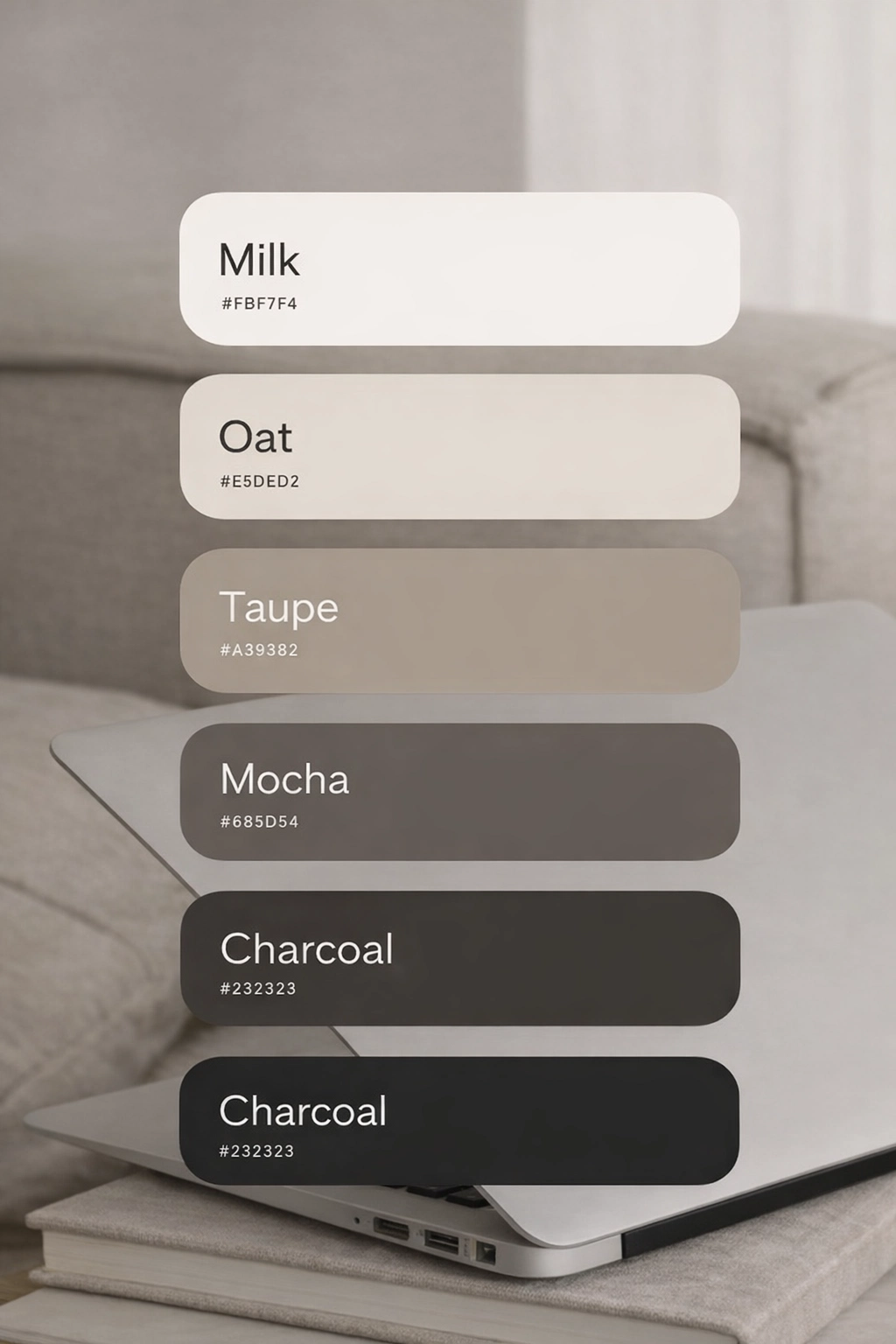 تدرّج ألوان داخلية حيادية يبدأ بالأبيض الحليبي مرورًا بالبيج والشيب الرملي وصولًا للبني الداكن والفحمي