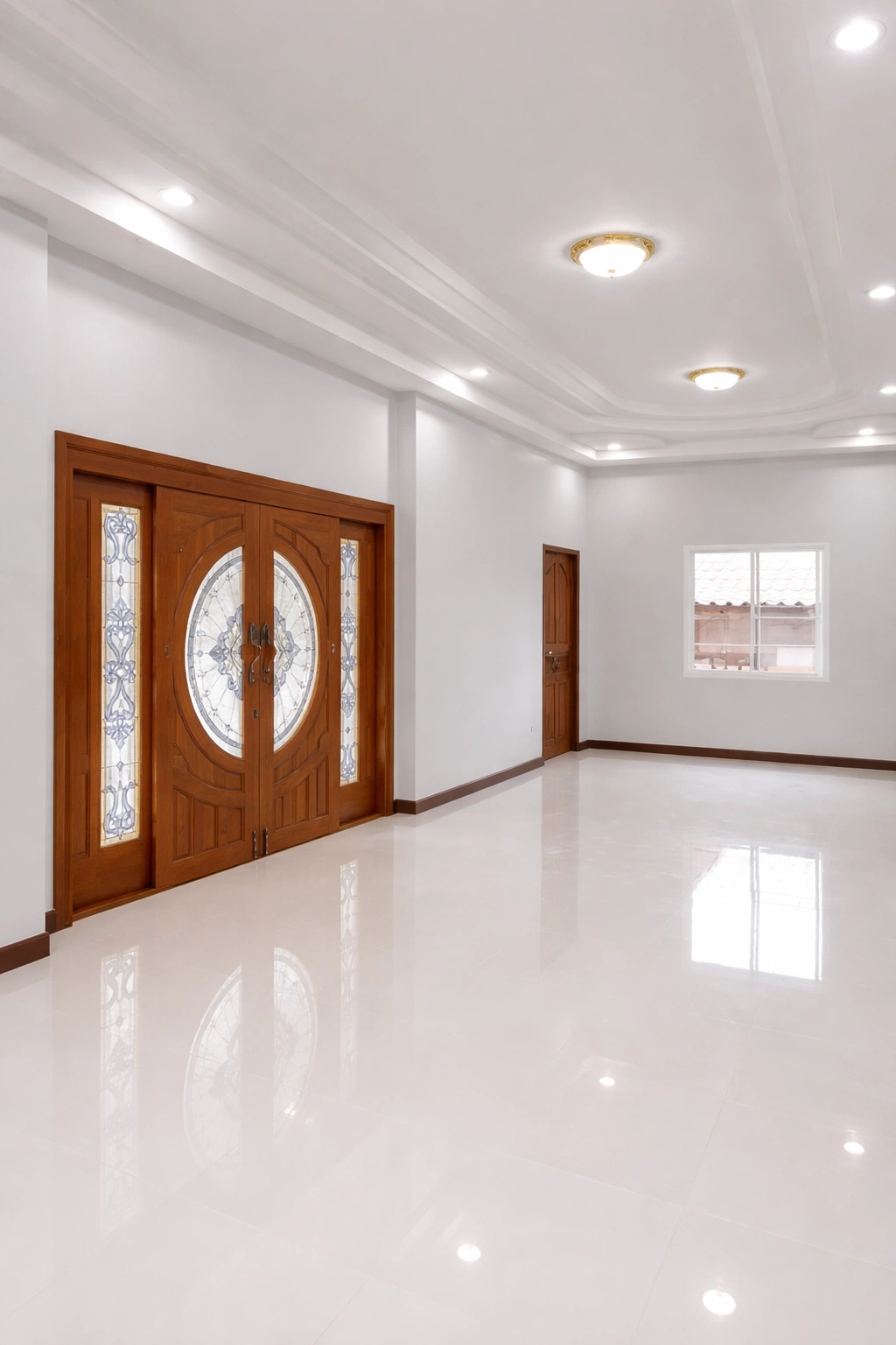 دهان جدران بلون رمادي هادئ وموحد يبرز جمال الأبواب الخشبية والأرضيات اللامعة