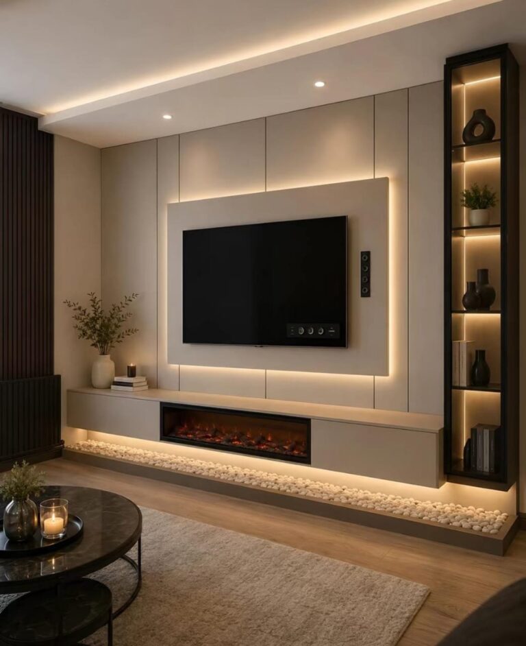 ديكور شاشة تلفزيون جداري مع أرفف خشبية وإضاءة LED