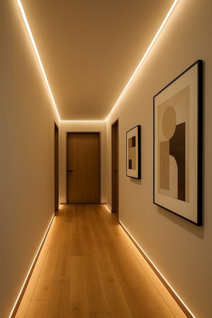 دهانات بيج دافئة للممر مع إضاءة LED